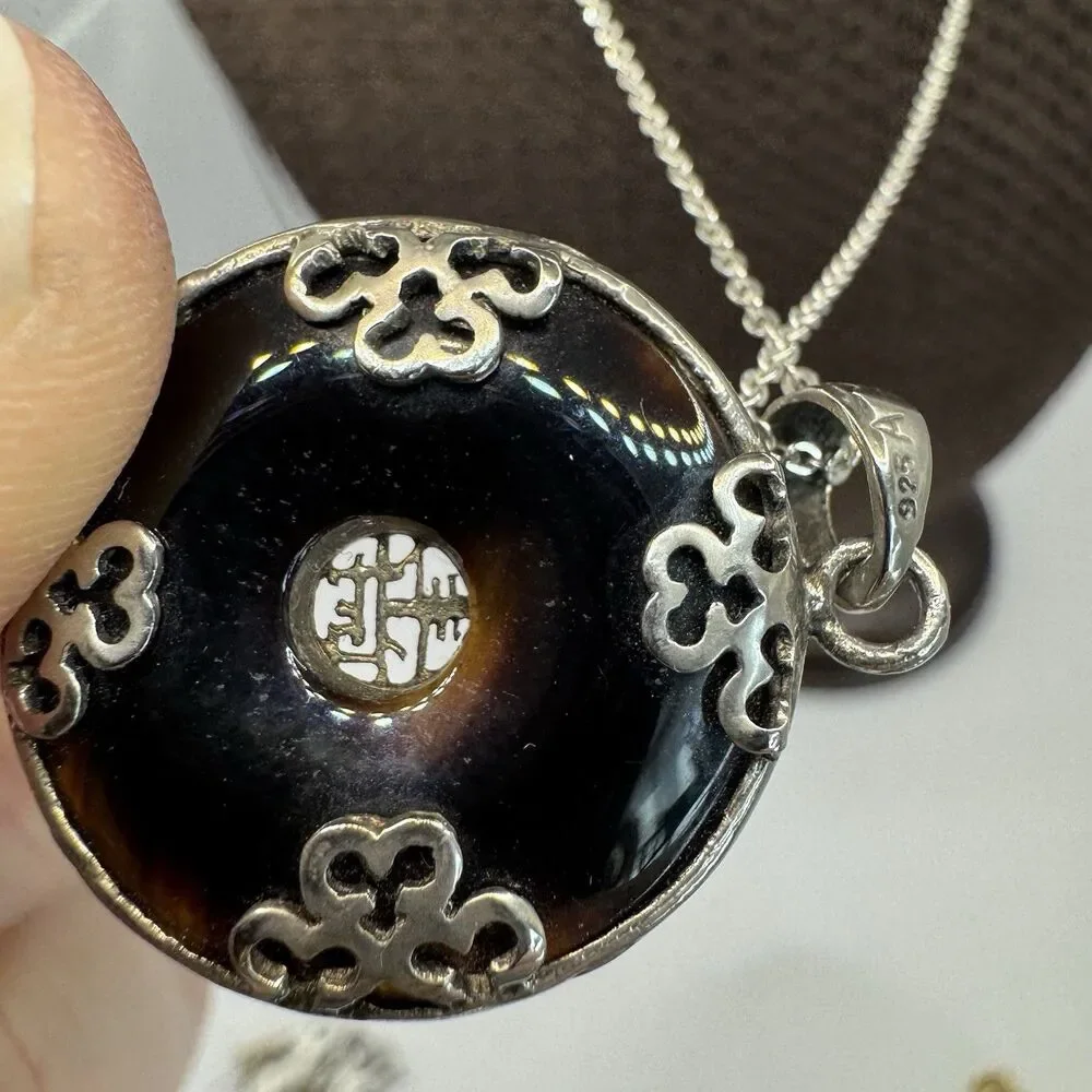 925 Italy Sterling Silver Onyx Donut Circle Necklace Chinese Characters 20”
